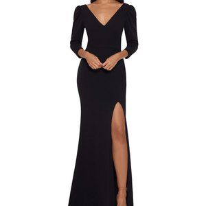 Betsy & Adam PETITE  Womens Puff Shoulder Gown Black Size 2P, retail $219 NWT